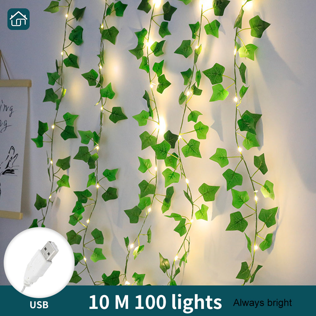 Gefolly Green Leaf Vine LED Copper Wire Maple Leaf Decorative Lights, Artificial Ivy with LED Copper Wire String Lights, Suitable for Wedding Party, Garden, Outdoor, Green Wall Decoration