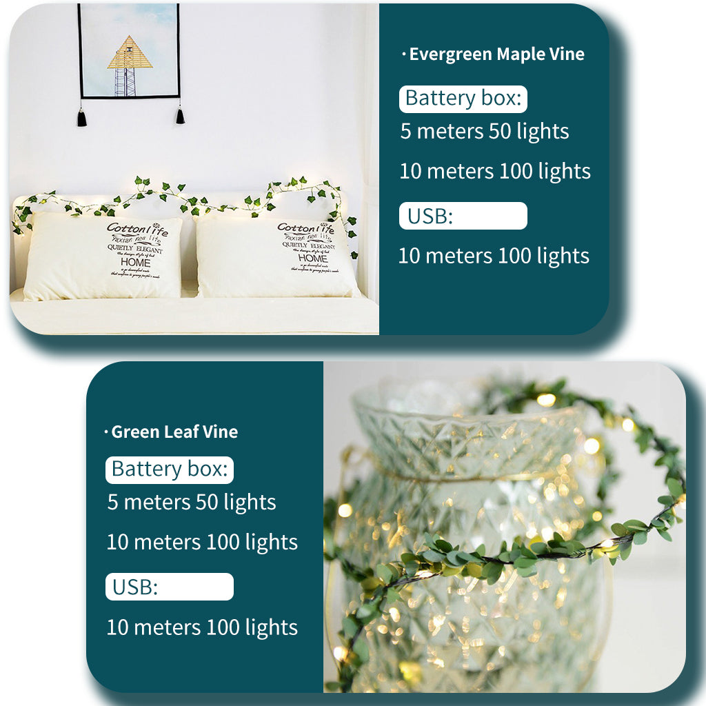 Gefolly Green Leaf Vine LED Copper Wire Maple Leaf Decorative Lights, Artificial Ivy with LED Copper Wire String Lights, Suitable for Wedding Party, Garden, Outdoor, Green Wall Decoration