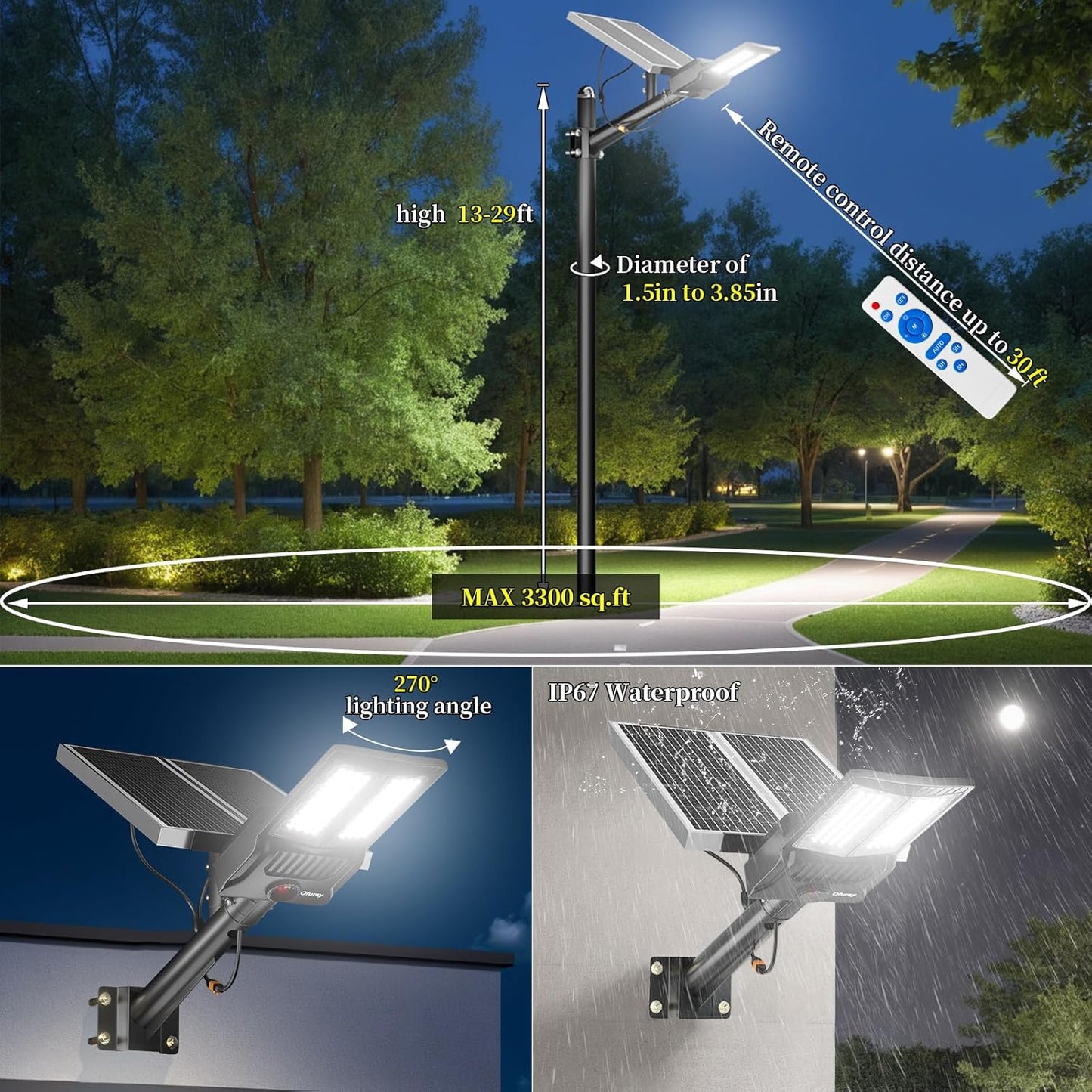 Ofuray Of-7000W Solar Street Lights Outdoor, 500000lm Solar Security Flood Lights Parking Lot Commercial with Motion Sensor, 6500k IP67 Street Dusk to Dawn with Remote Control for Street,Park,Barn