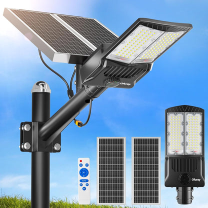 Ofuray Of-7000W Solar Street Lights Outdoor, 500000lm Solar Security Flood Lights Parking Lot Commercial with Motion Sensor, 6500k IP67 Street Dusk to Dawn with Remote Control for Street,Park,Barn