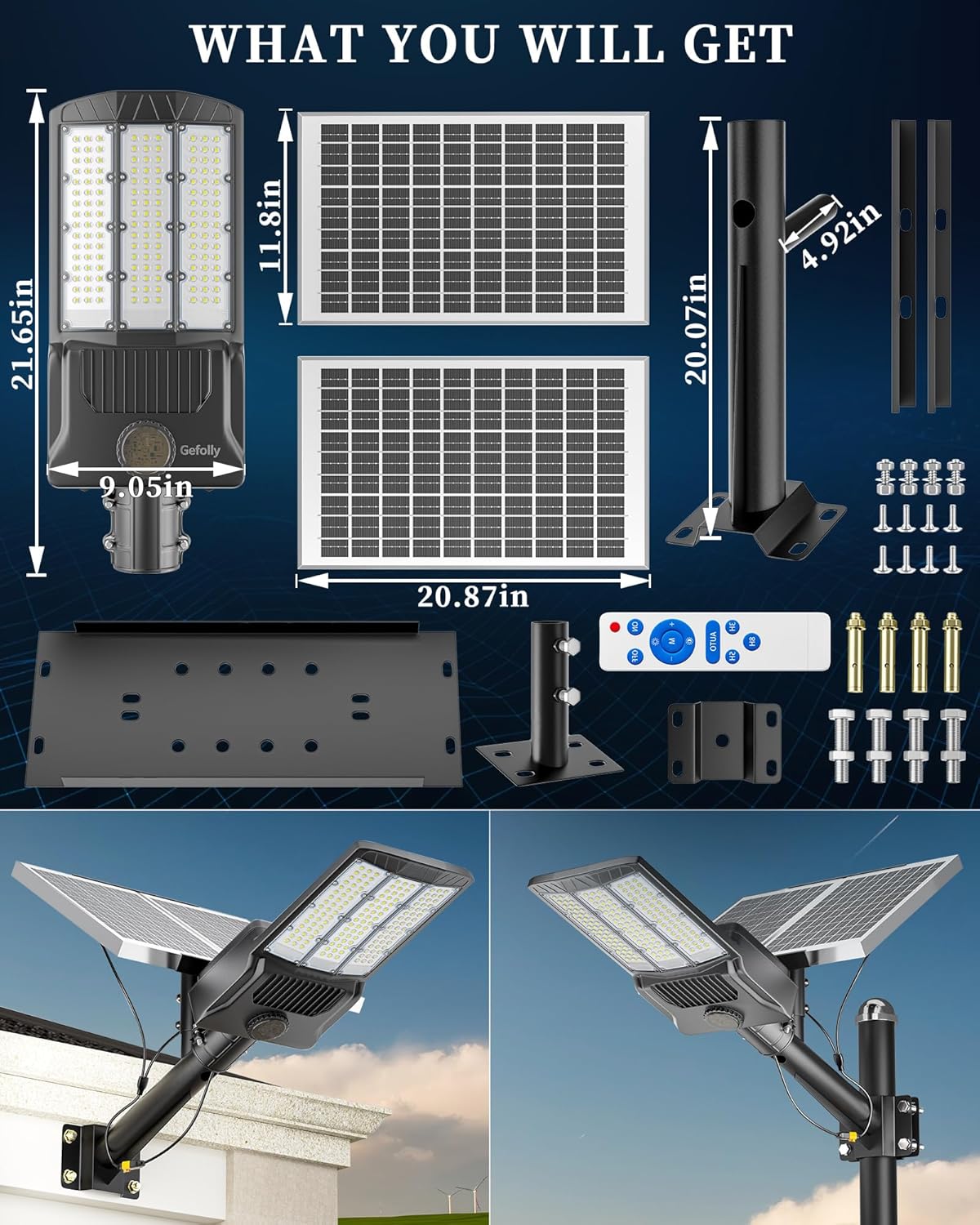 9500W Solar Street Lights Outdoor Waterproof, 600000Lm Solar Parking Lot Lights Commercial Dusk to Dawn, 6500k Street Led with Remote Control for Street,Court,Barn